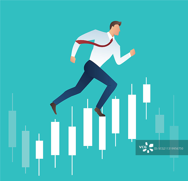 男人在K线图背景前奔跑图片素材