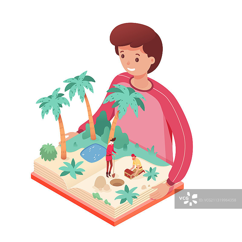 男孩阅读互动立体书（白色背景）图片素材