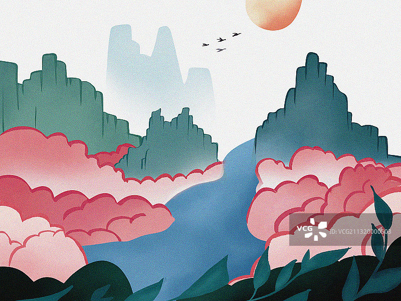 山水花插画图片素材
