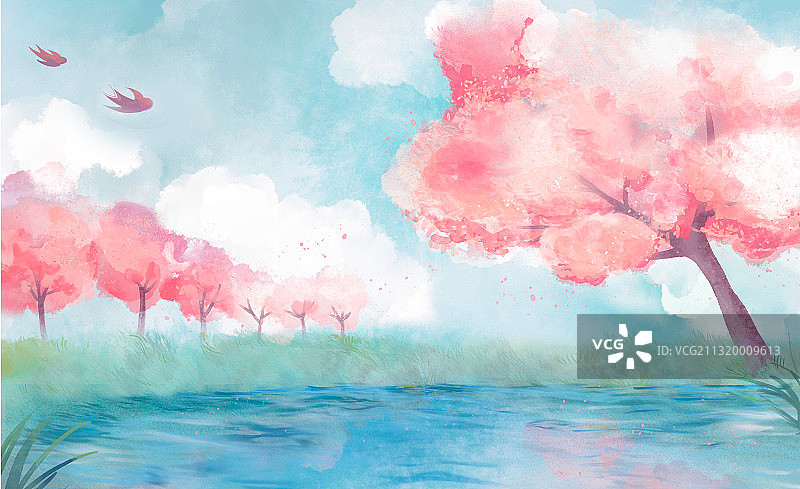 春天在湖边盛开的樱花树水彩插画图片素材