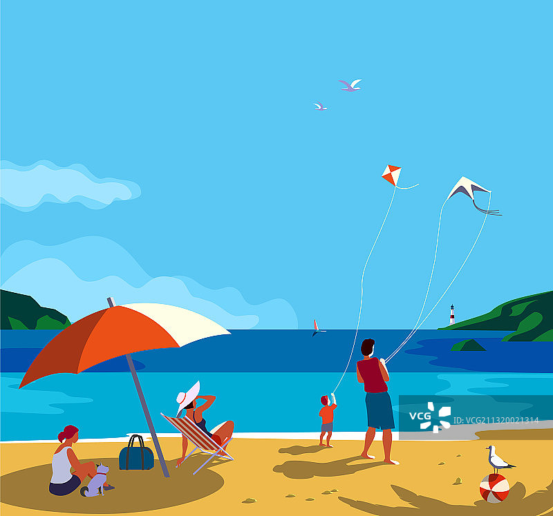 海边家庭休闲放松场景图片素材