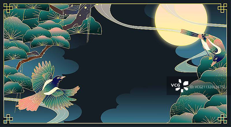 喜雀绿色国潮背景松树横图片素材