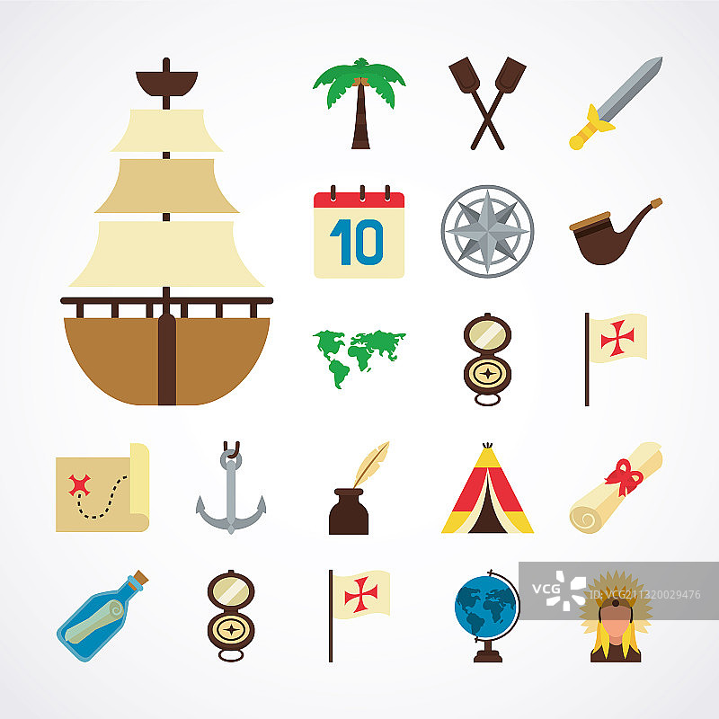 帆船哥伦布日扁平风格图标集图片素材