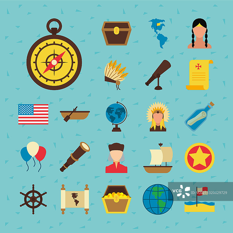 美国国旗和哥伦布日快乐图标平面设计图片素材