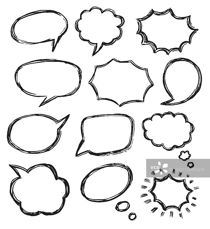 手绘涂鸦对话气泡草图图标集图片素材