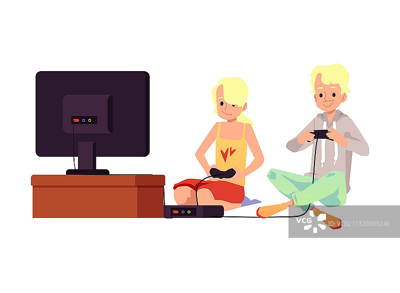 男孩朋友在电视上玩PlayStation游戏图片素材