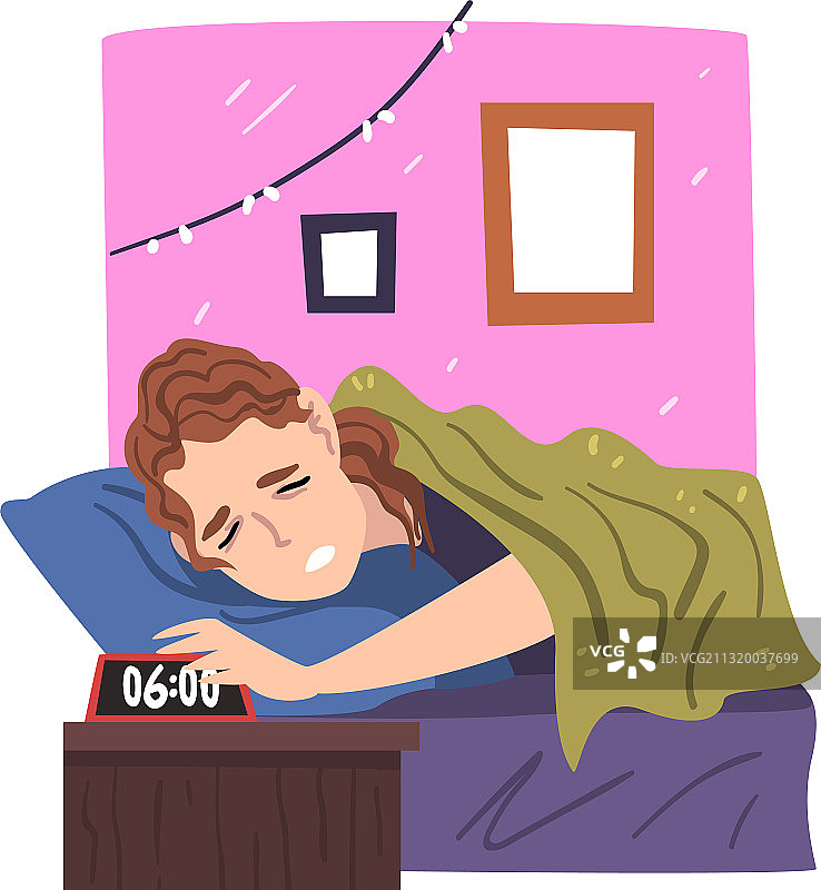 女人躺在床上被闹钟吵醒图片素材