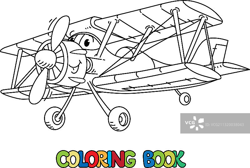 有趣的带眼睛双翼飞机涂色书图片素材