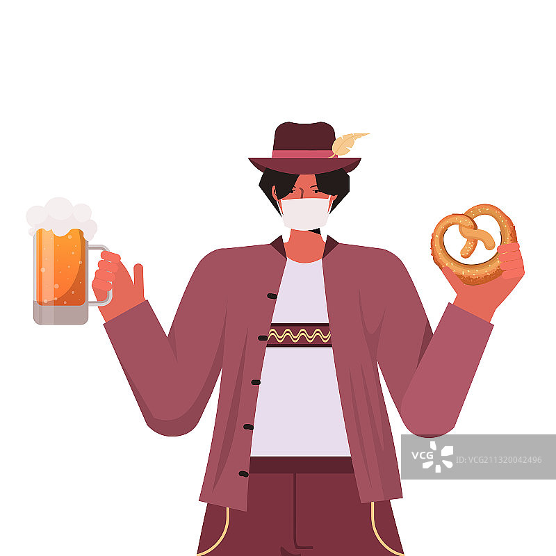戴医用口罩的男人手持椒盐脆饼和啤酒图片素材