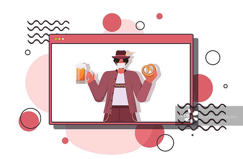 戴医用口罩的男人手持椒盐脆饼和啤酒图片素材