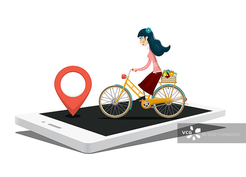 女孩骑着带有红色图钉的复古自行车图片素材