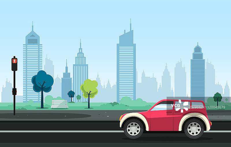 街道上的汽车，背景是现代城市公园图片素材