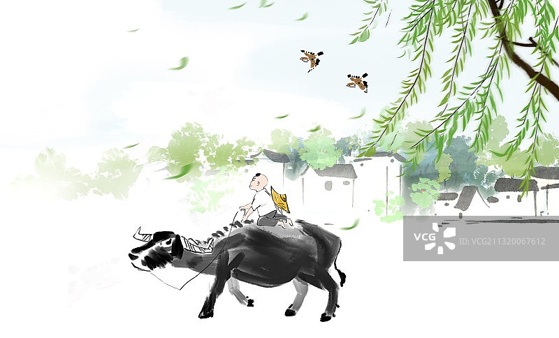 古代诗词文学人物画春天柳树下放牛小孩图片素材