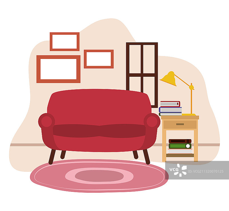 红色沙发台灯书籍地毯和窗户图片素材