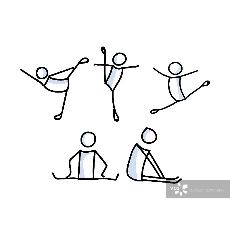 手绘火柴人芭蕾舞者伸展套装图片素材