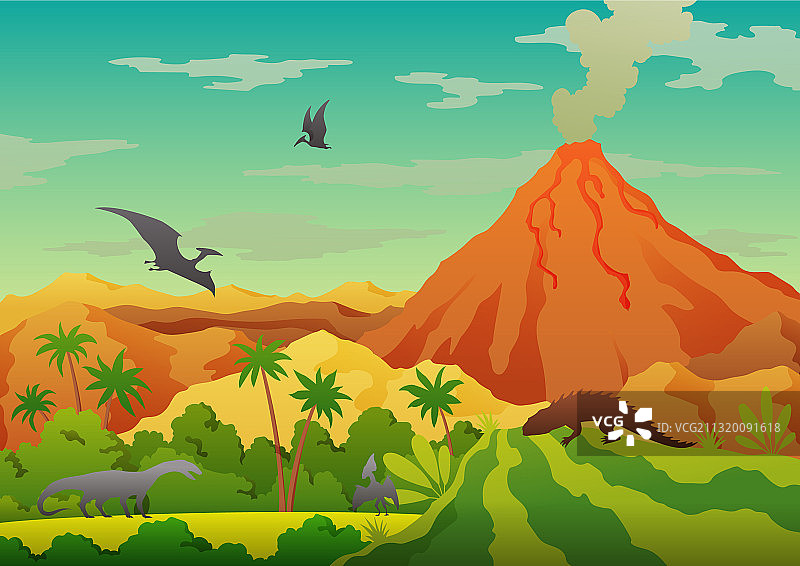 有烟雾的史前火山景观图片素材