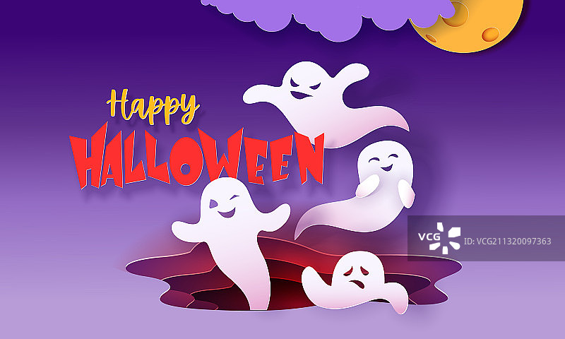 万圣节主题banner，飞翔的纸质幽灵图片素材