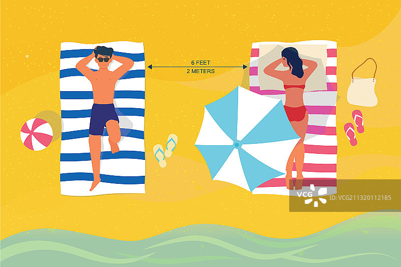 海滩上的人们和雨伞保持2米距离图片素材