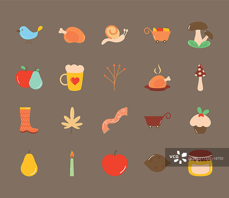 秋季和烤鸡扁平风格图标集图片素材