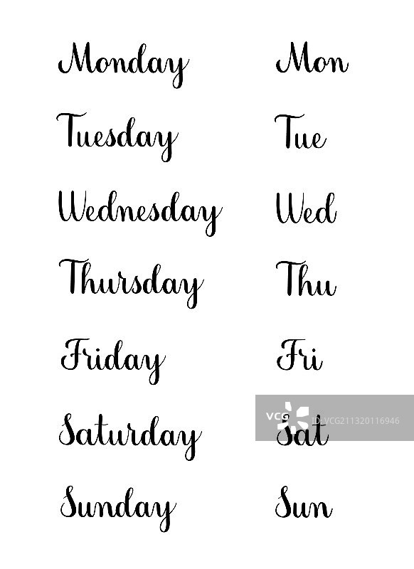 手写一周日期（黑色）图片素材
