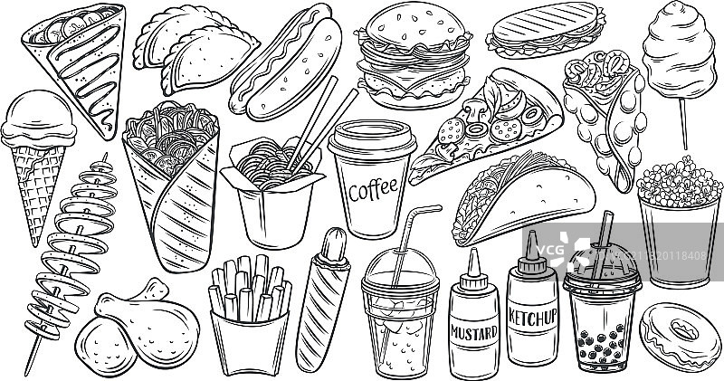 快餐轮廓手绘图标图片素材