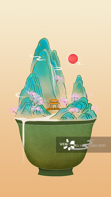 酒杯中的千里江山中国风插画图片素材