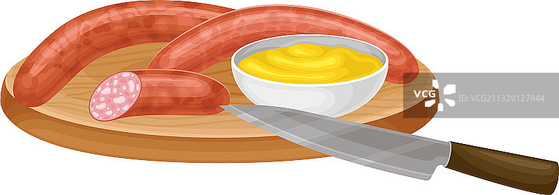 香肠和酱汁木板静物图片素材