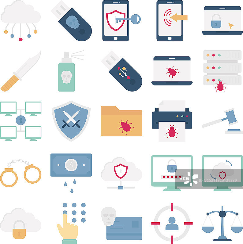网络犯罪与黑客攻击独立图标集图片素材