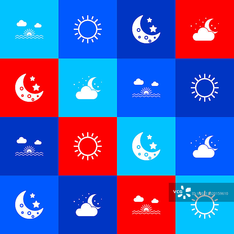 日落、月亮、星星和云朵套装图片素材