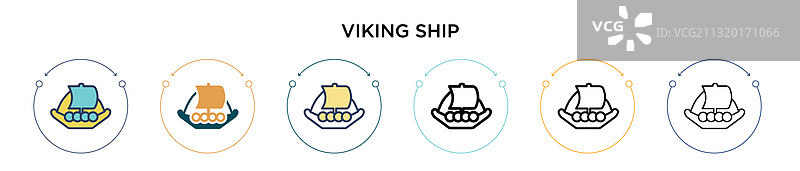 填充细线条轮廓中的维京船图标图片素材