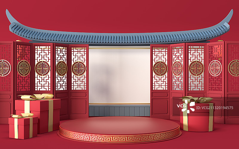 展示台与中国风装饰背景 3D渲染图片素材
