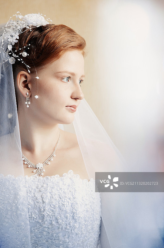 佩戴面纱和珍珠首饰的美丽新娘画像图片素材
