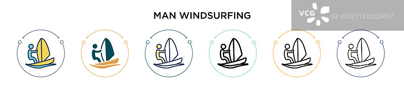 男子玩帆板运动图标（填充细线轮廓）图片素材
