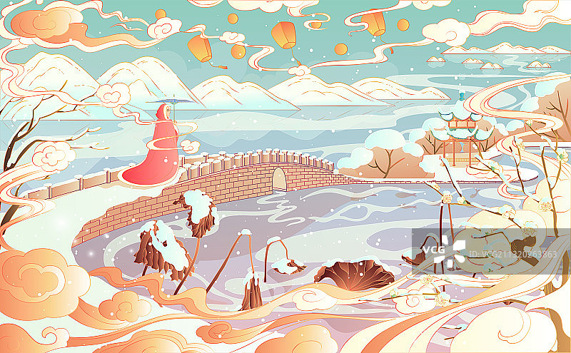 杭州西湖国潮风西湖十景系列风景插画断桥残雪图片素材
