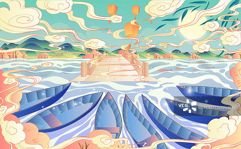 杭州西湖国潮风西湖十景系列风景插画平湖秋月图片素材