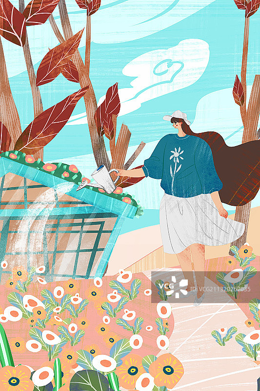 女性浇花插画图片素材