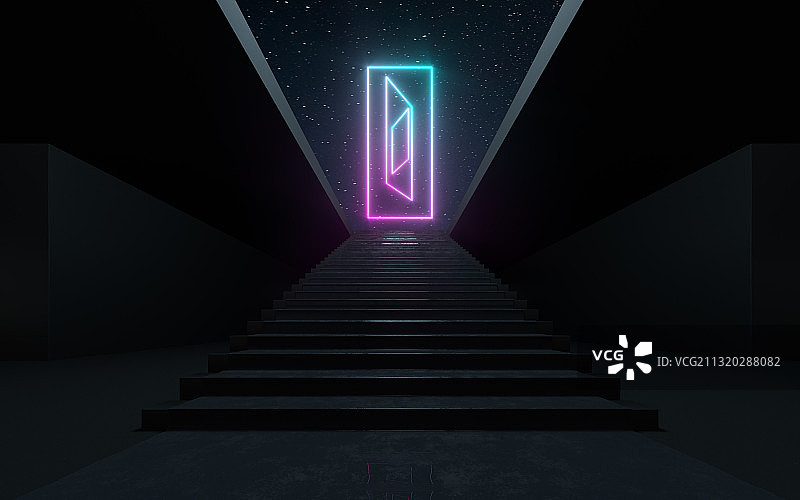 黑暗中的楼梯与霓虹线条图片素材