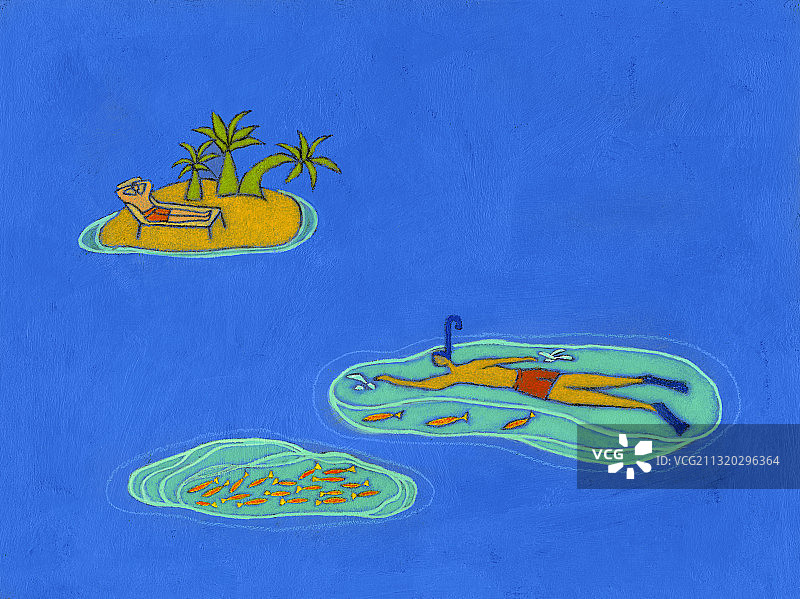 男子在鱼群中向岛屿游去插画图片素材