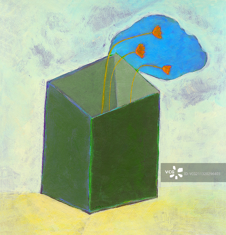 空绿色盒子里的红色花朵插画图片素材