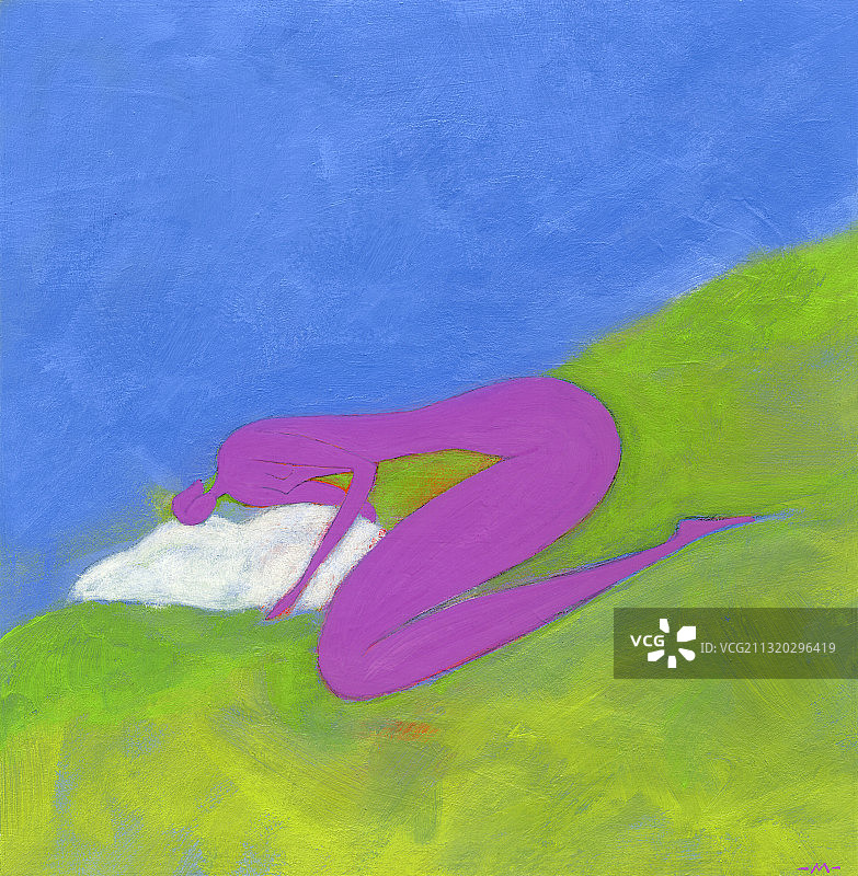 在自然中枕着枕头睡觉的紫色女人插画图片素材