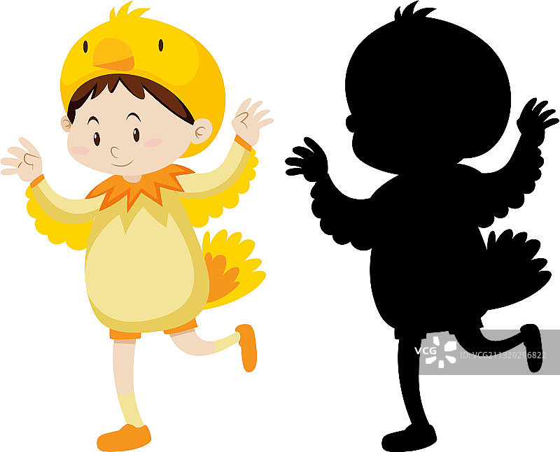 穿着小鸡服装的孩子和它的轮廓图片素材