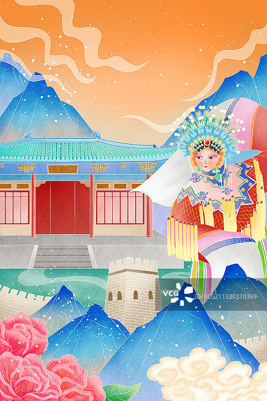 天津古建筑中国风插画图片素材