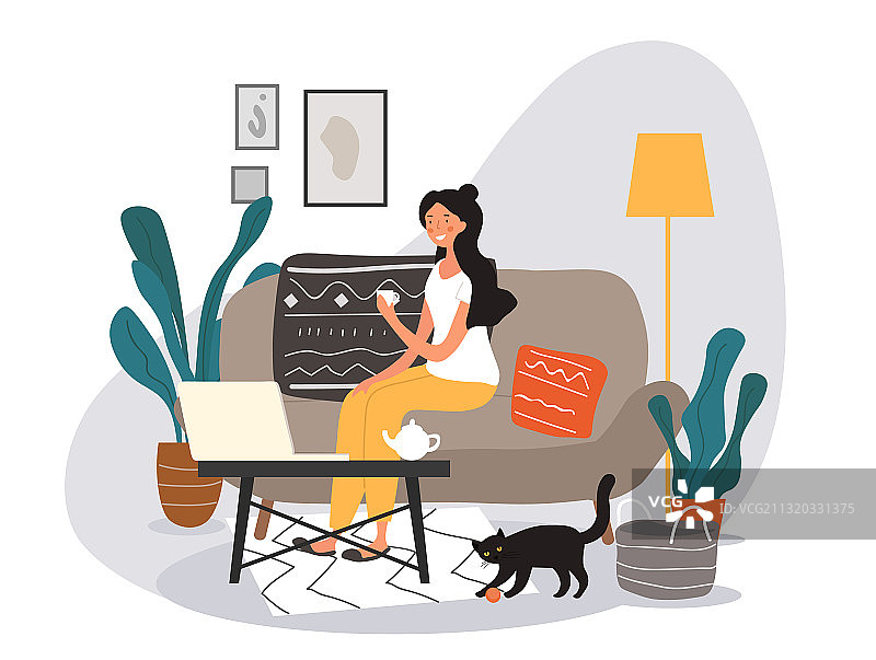 女孩在家放松，喝咖啡，撸猫图片素材