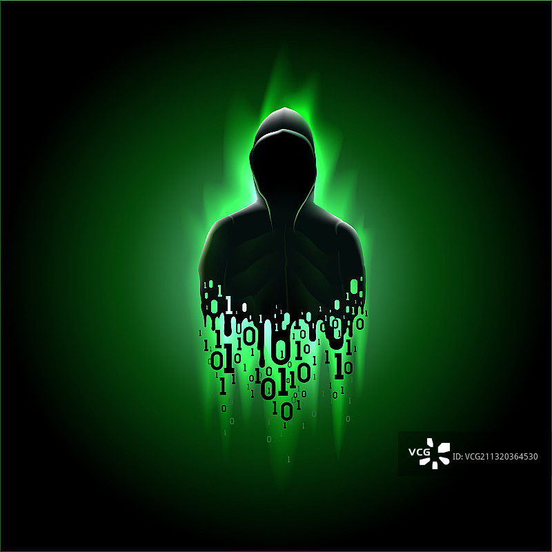 带有二进制代码的连帽衫黑客剪影图片素材