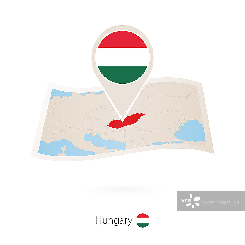 折叠的匈牙利纸质地图与旗帜图钉图片素材