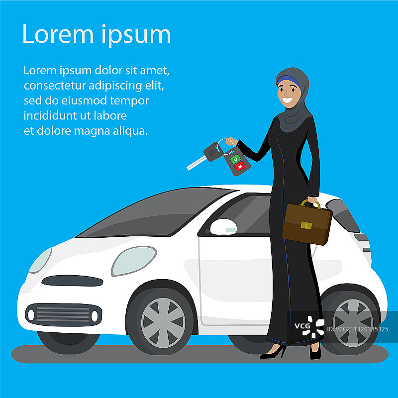 白色现代汽车和穿着传统服饰的穆斯林妇女图片素材