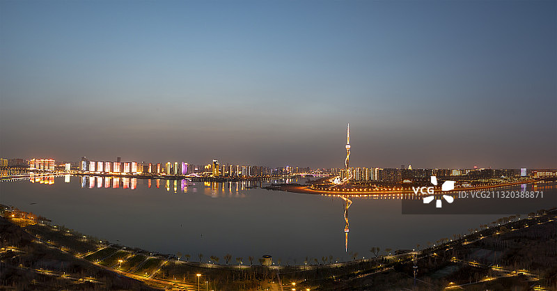 山东省临沂市地标风景—沂河三河口电视塔风景图片素材