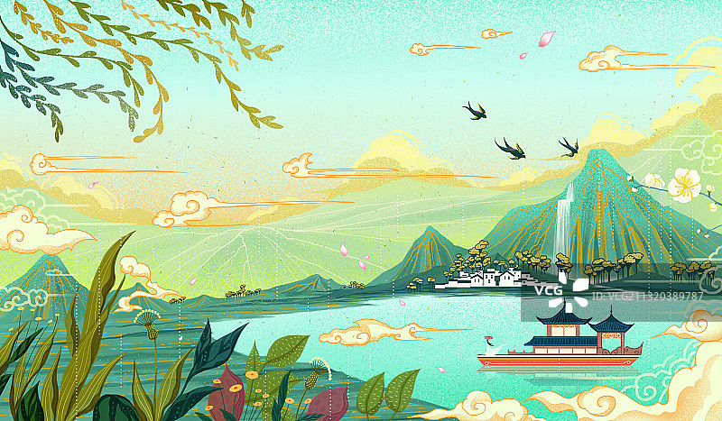 雨中的江南风光清明节插画图片素材