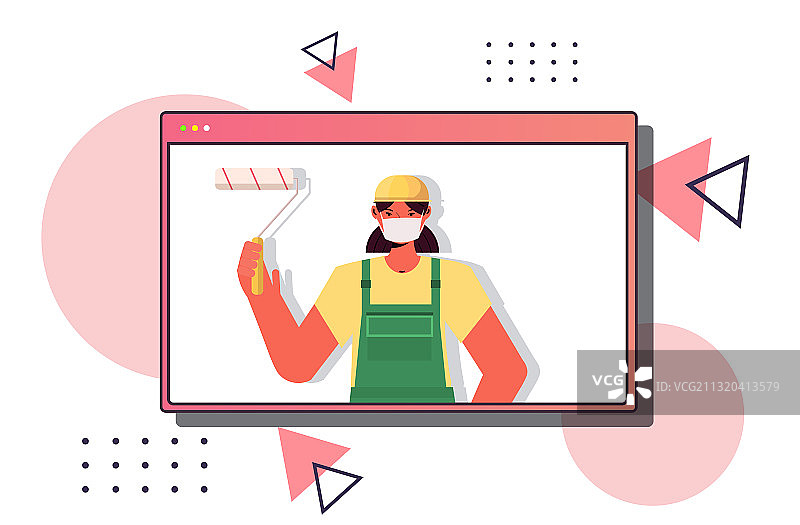 戴着口罩使用油漆滚筒的维修女工图片素材