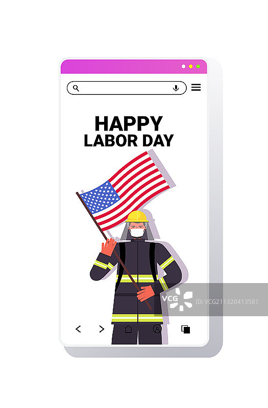 穿制服的消防员手持美国国旗庆祝劳动节图片素材